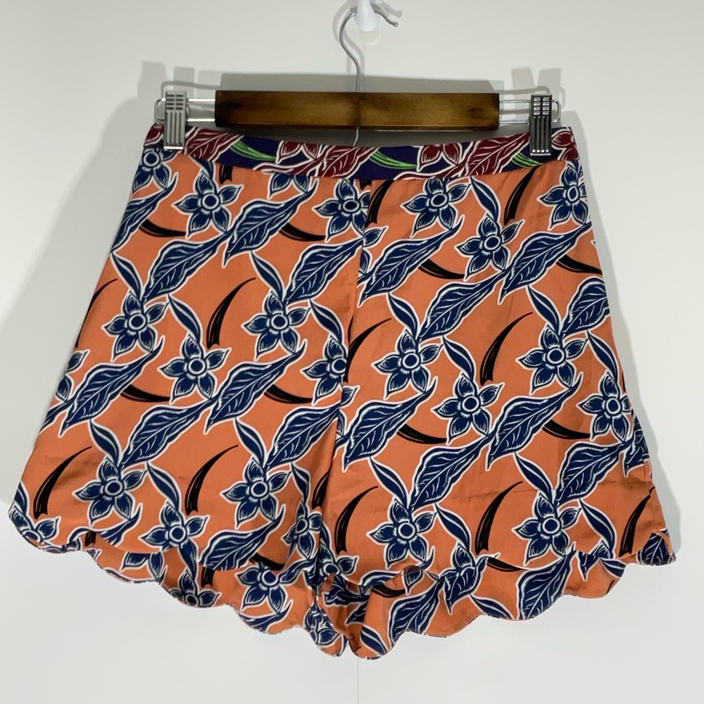 Topshop Floaty Short Orange w/Blue Floral Design Side Zipper Scalloped Hem Sz 4